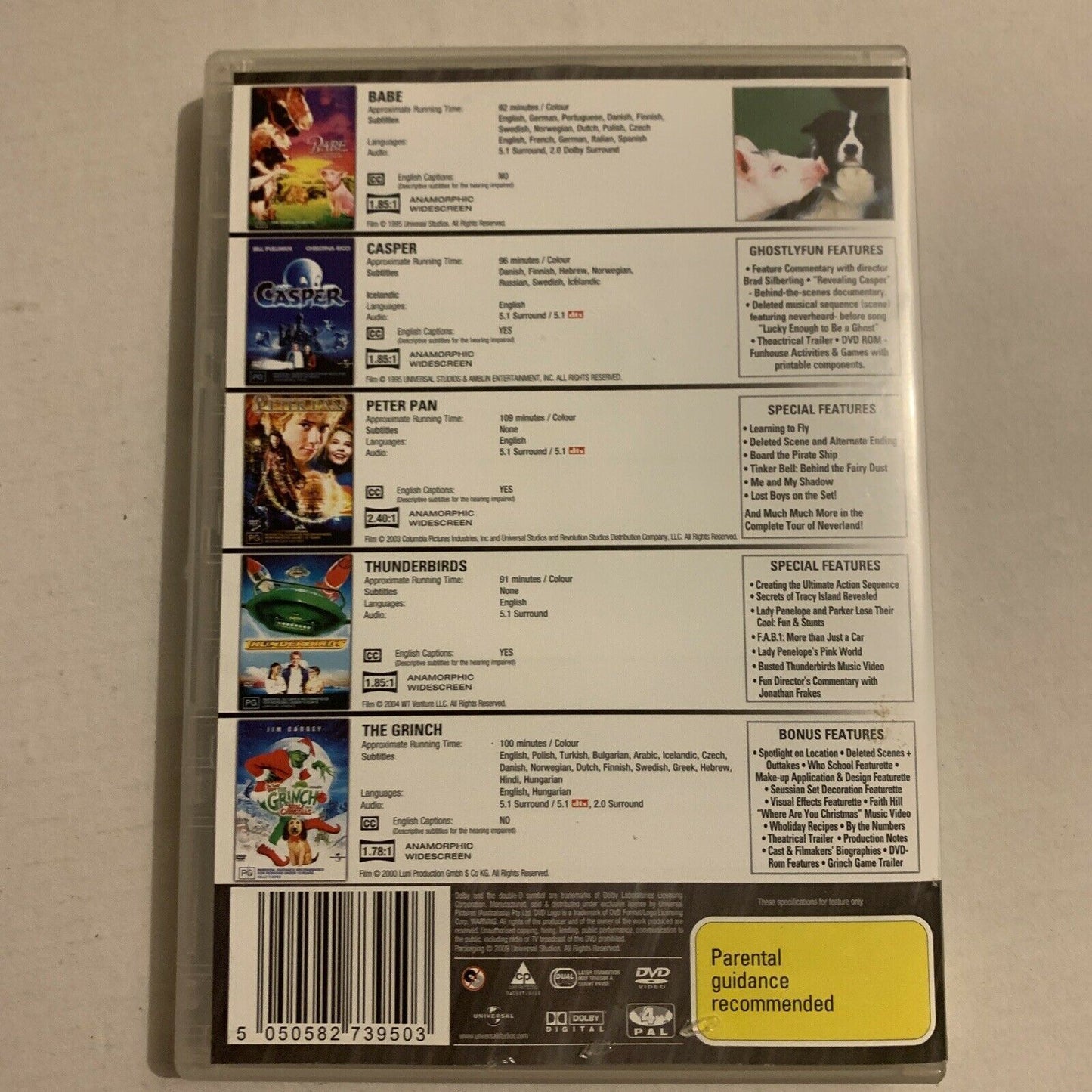 Kids Collection 5 Discs DVD Babe, Casper, Peter Pan, Thunderbirds, The Grinch