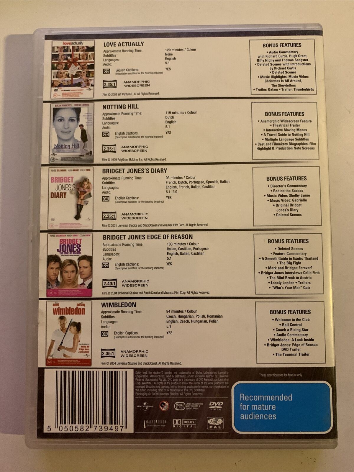 Love Actually / Notting Hill / Bridget Jones Diary 1 & 2 / Wimbledon DVD Region4