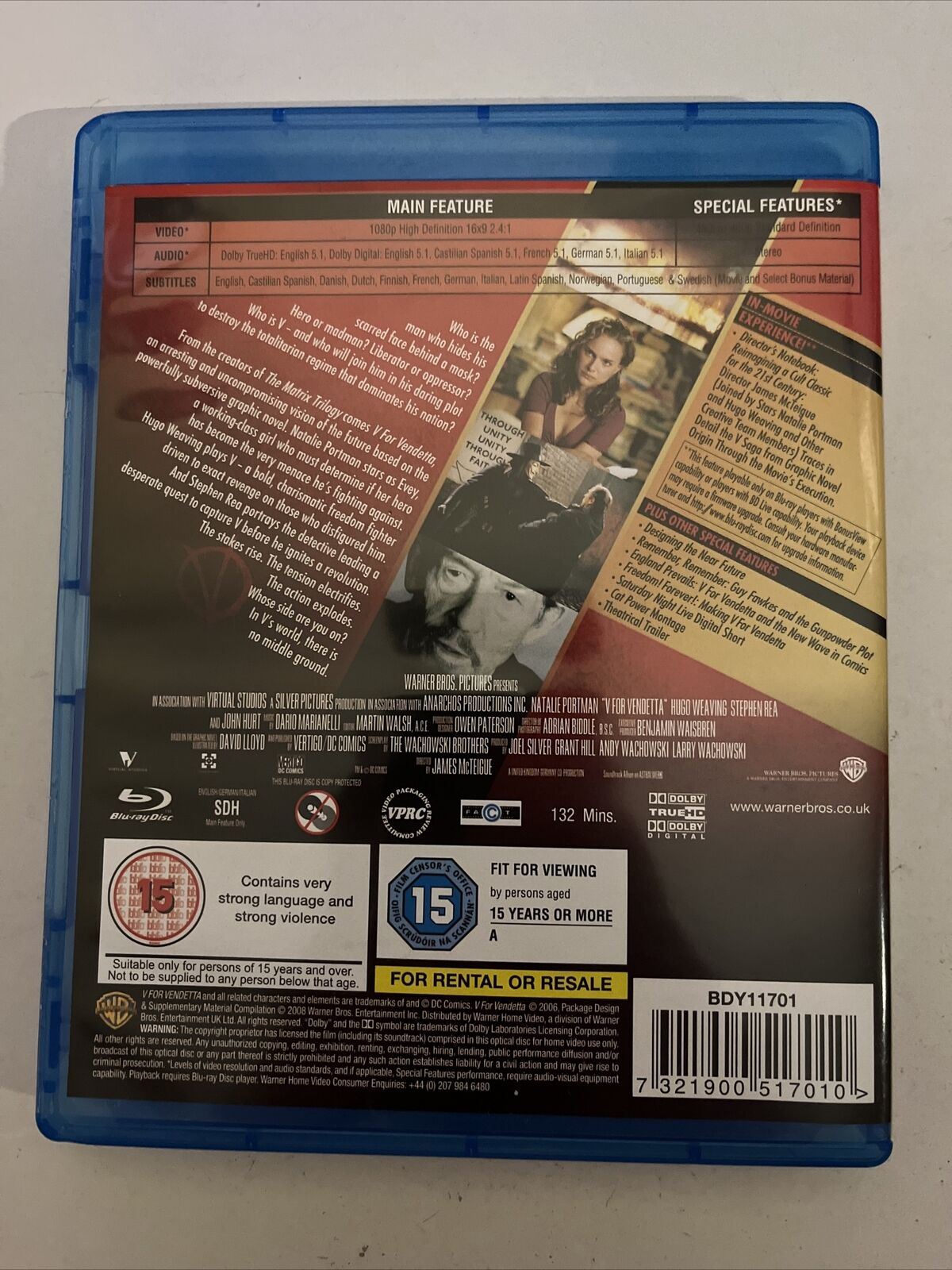 V For Vendetta  (Blu-ray, 2005) Natalie Portman, Hugo Weaving, John Hurt