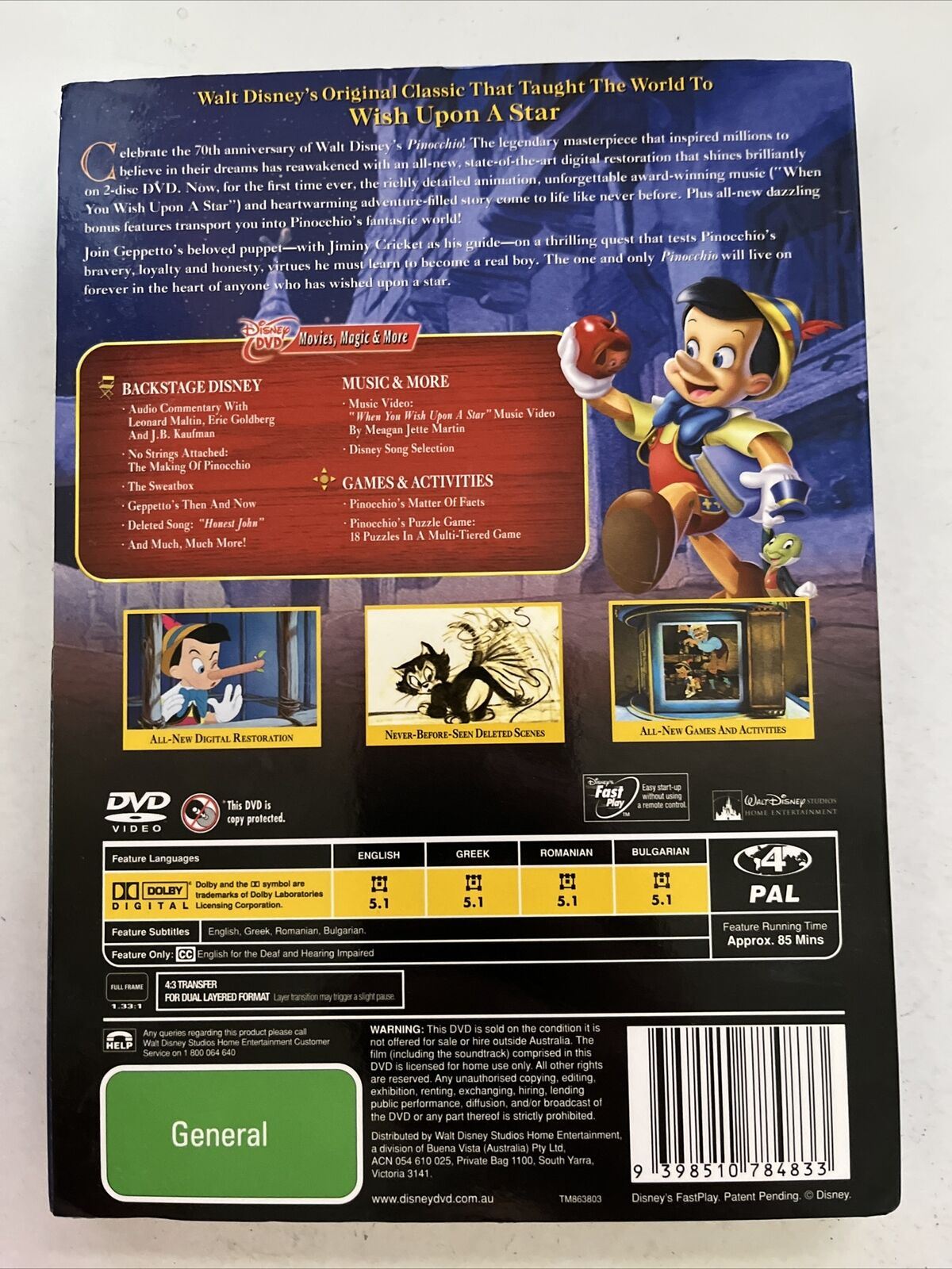 Disney Pinocchio - Platinum Edition (DVD, 1940) Animated Film. Region 4