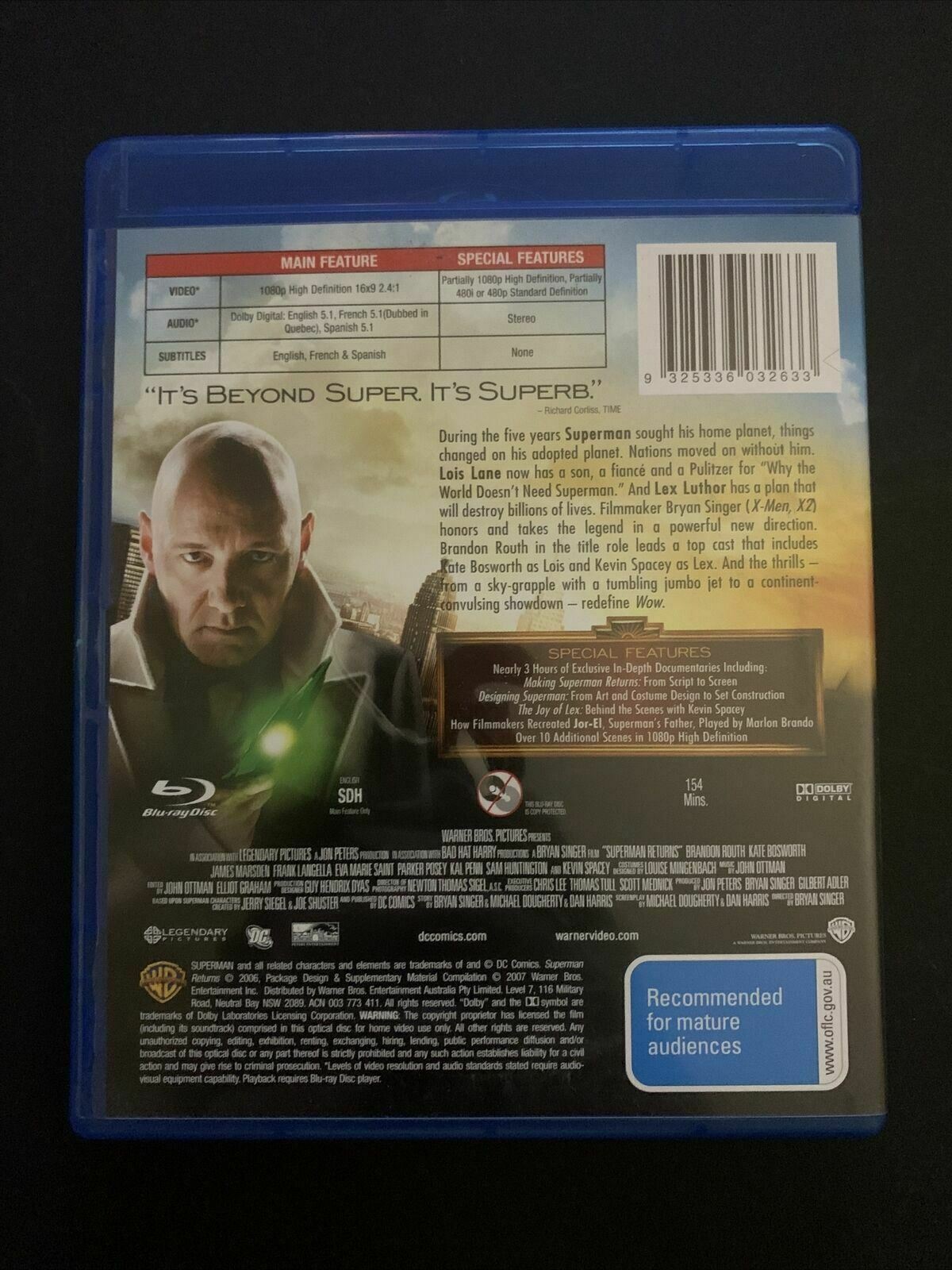 Superman Returns (Blu-ray, 2006) Brandon Routh, Kevin Spacey, Kate Bosworth