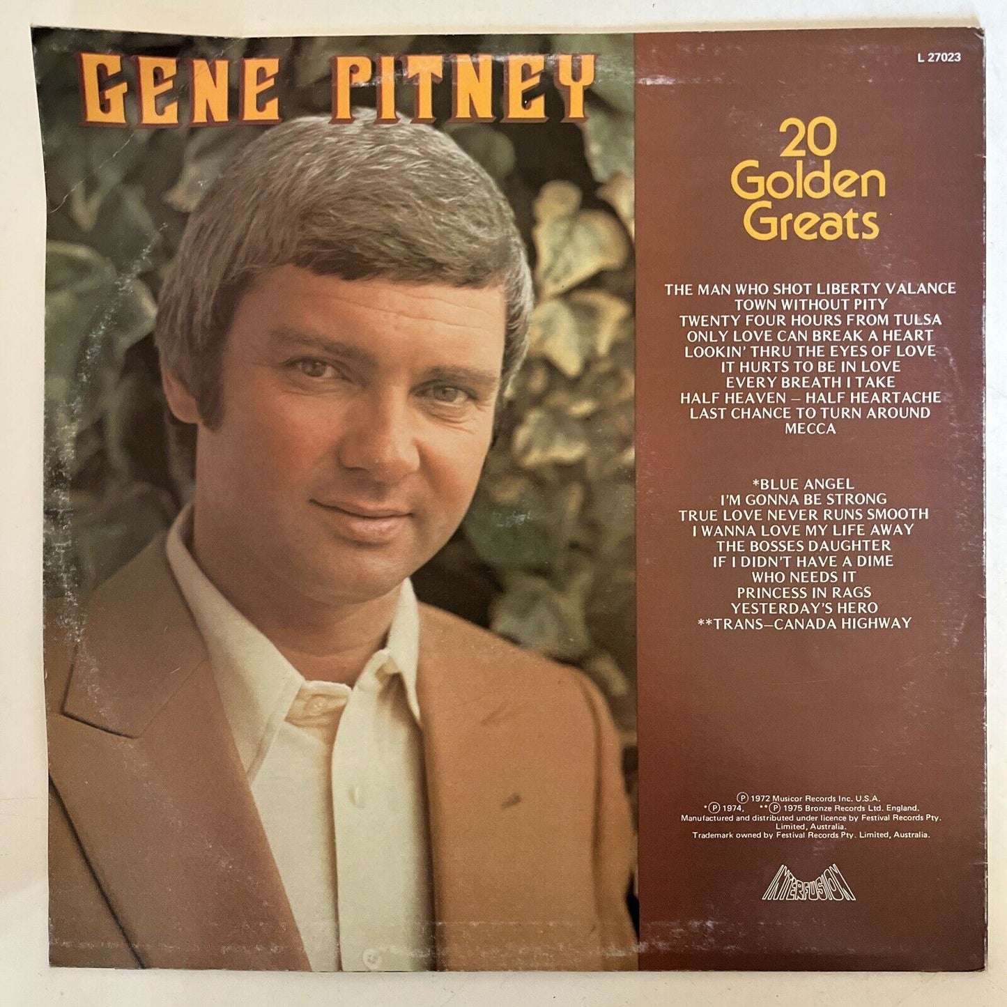 Gene Pitney – 20 Golden Greats Vinyl Record 1975