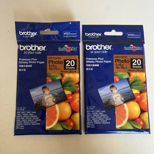 2 x Brother BP71GP20 Glossy Premium Photo Paper 20 Sheets Innobella 4x6-Inch