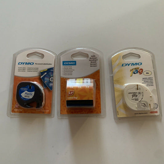 5x Genuine Dymo Tape Letratag Label  1x Paper, 1x Metallic 1x Plastic 2x White