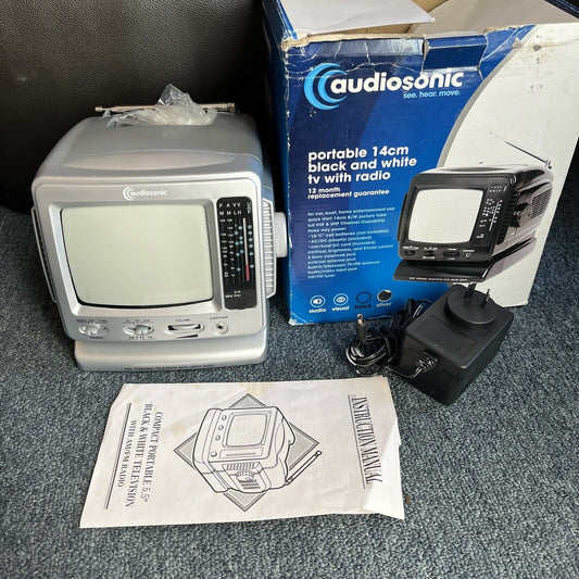 Audiosonic Portable 14cm Black & White TV w Radio *No Display For Parts / Repair