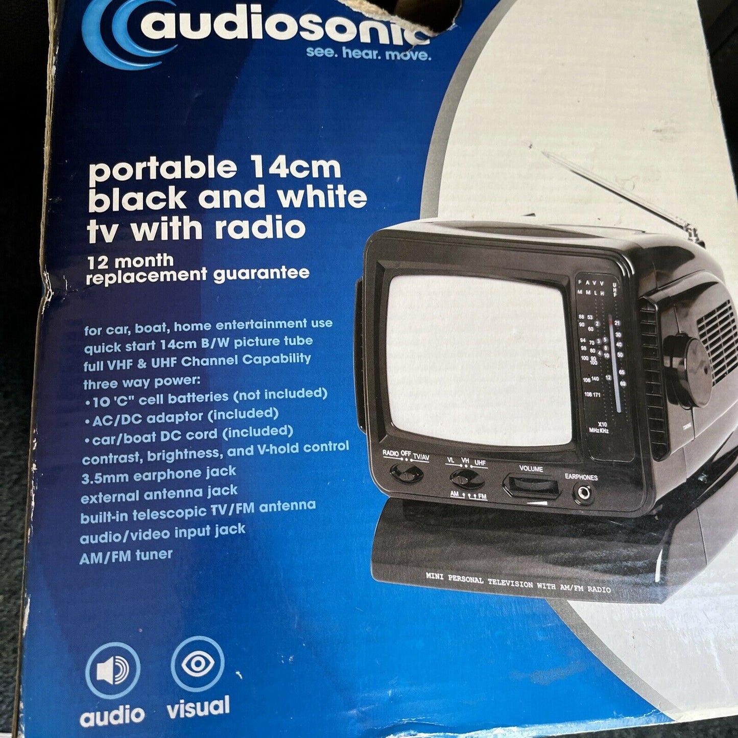 Audiosonic Portable 14cm Black & White TV w Radio *No Display For Parts / Repair