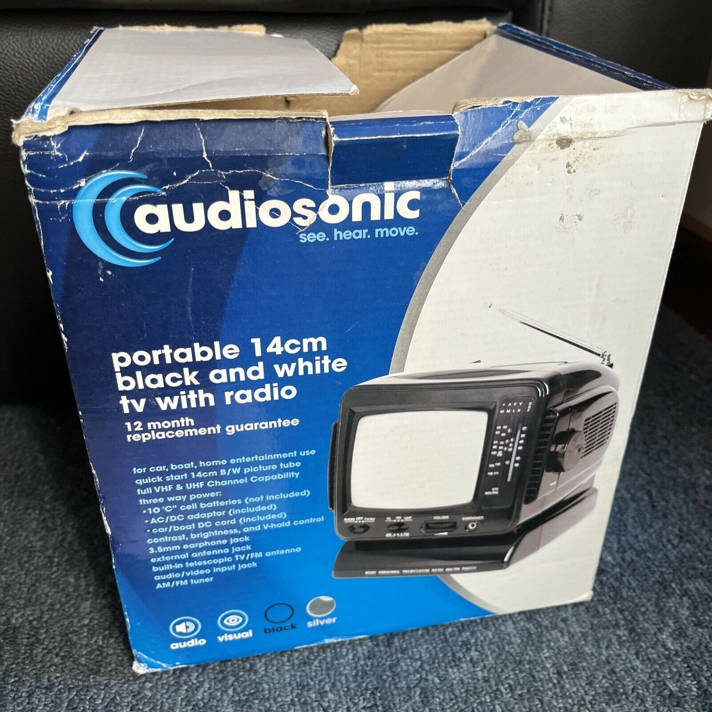 Audiosonic Portable 14cm Black & White TV w Radio *No Display For Parts / Repair
