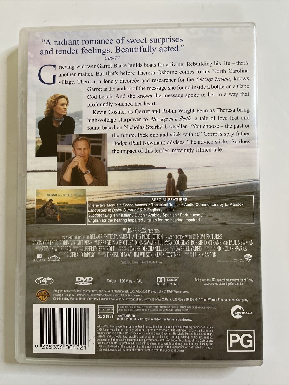 Message In A Bottle (DVD, 1999) Kevin Costner, Robin Wright Penn. Region 4