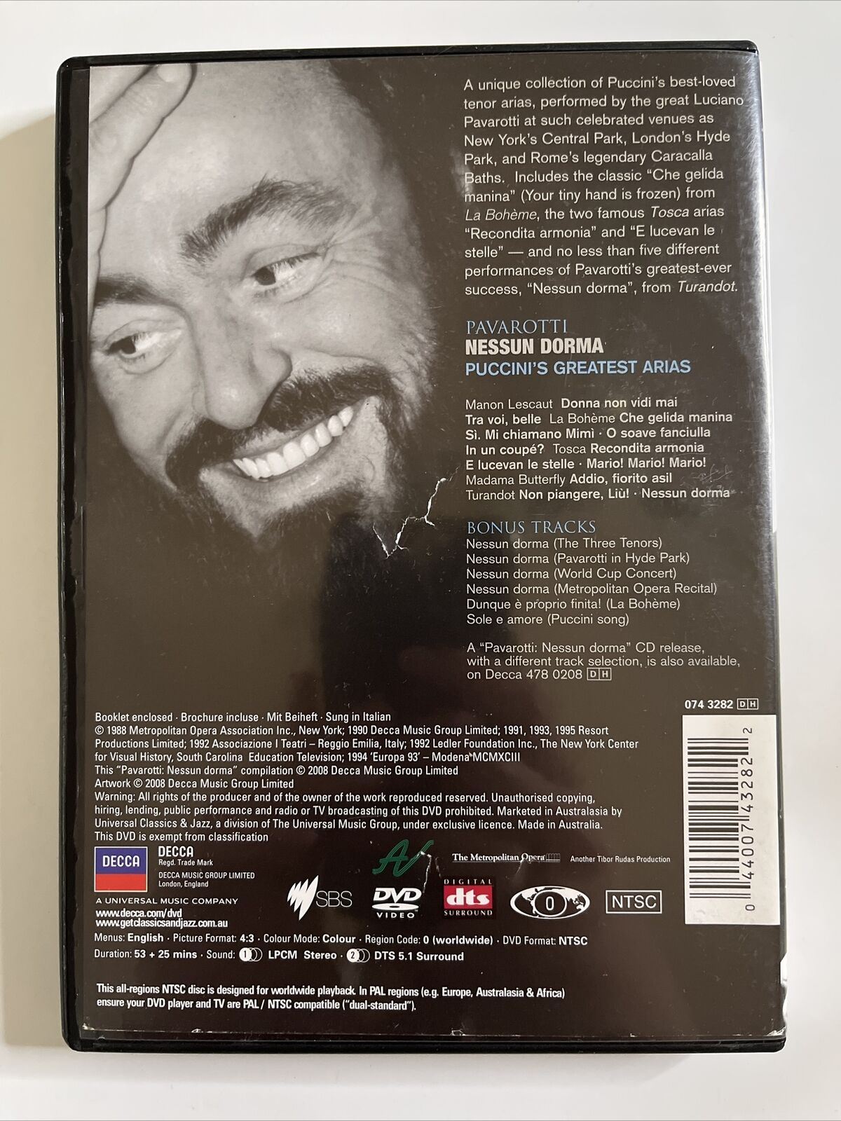 Luciano Pavarotti Nessun Dorma Puccinis Greatest Arias Dvd2008 Retro Unit 4780