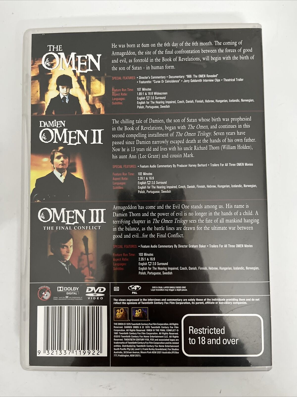 The Omen 1,2,3 Trilogy (DVD) NEW Horror Film. Region 4