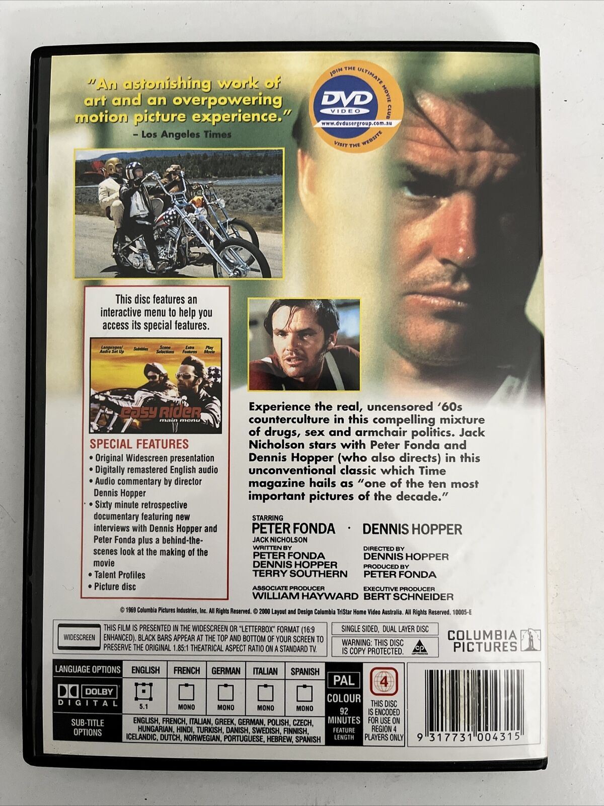 Easy Rider (DVD, 1969) Peter Fonda, Dennis Hopper, Jack Nicholson. Region 4 NEW