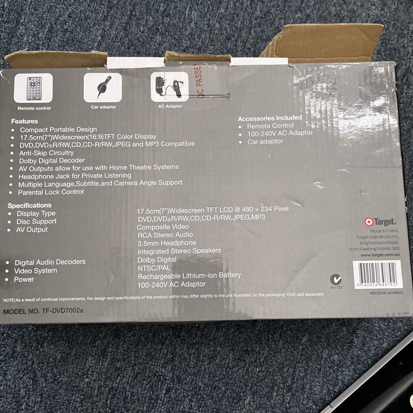 Base 17.5cm 7" Portable DVD Player with Car Charger & AC Adapter