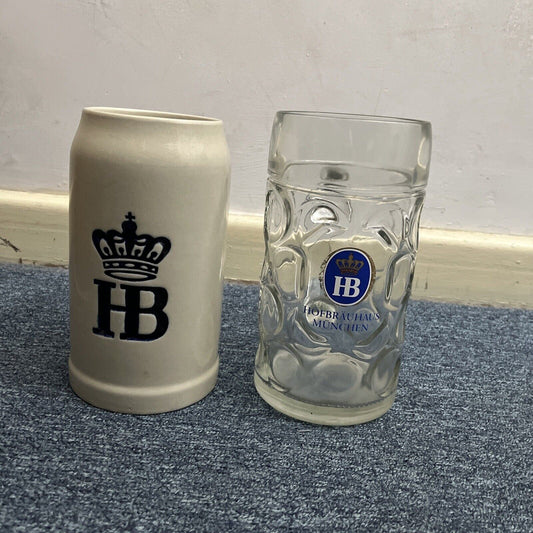 2x Genuine Hofbrauhaus HB Beer Mugs Stein 1L Ceramic and Glass