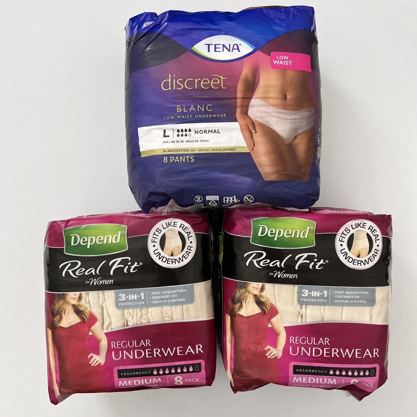 2x Depend Real-Fit Underwear Medium, Pack of 8 + Tena Discreet blanc Large 8x