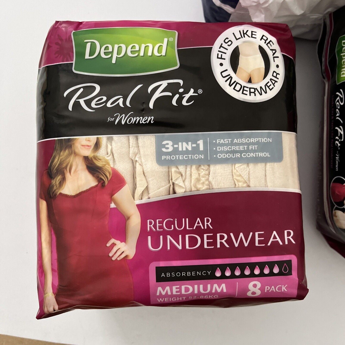 2x Depend Real-Fit Underwear Medium, Pack of 8 + Tena Discreet blanc Large 8x