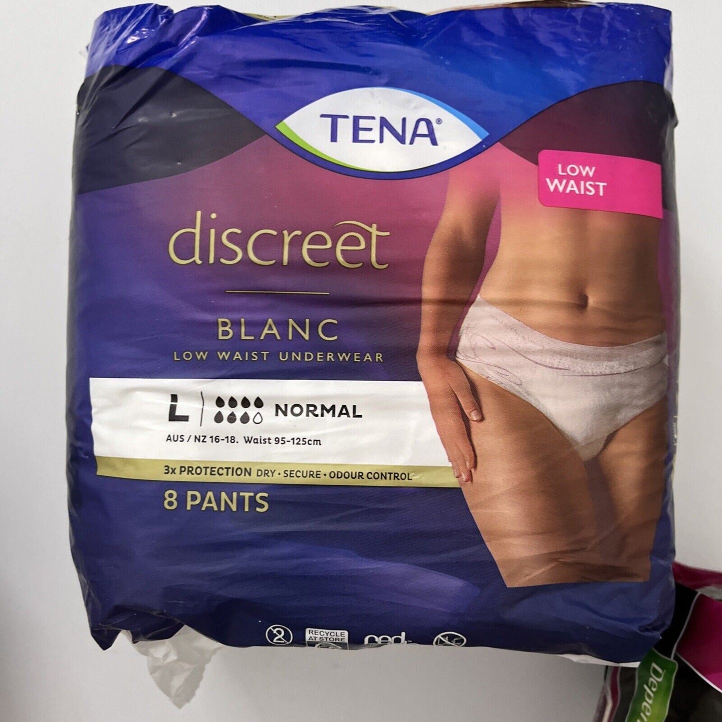2x Depend Real-Fit Underwear Medium, Pack of 8 + Tena Discreet blanc Large 8x
