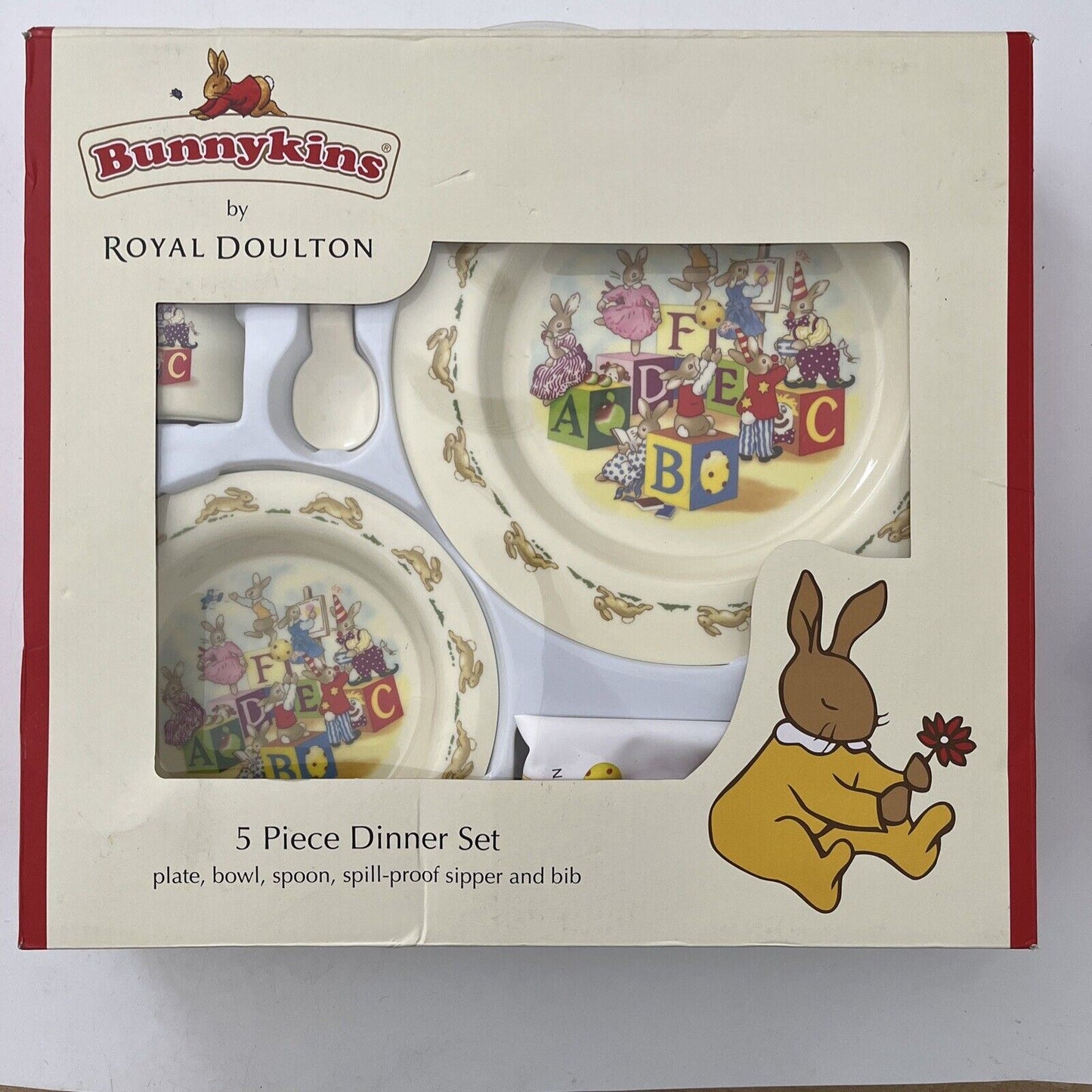 NEW Bunnykins Baby Dinner Set by Royal Doulton - 5 Pieces (ABC Red)