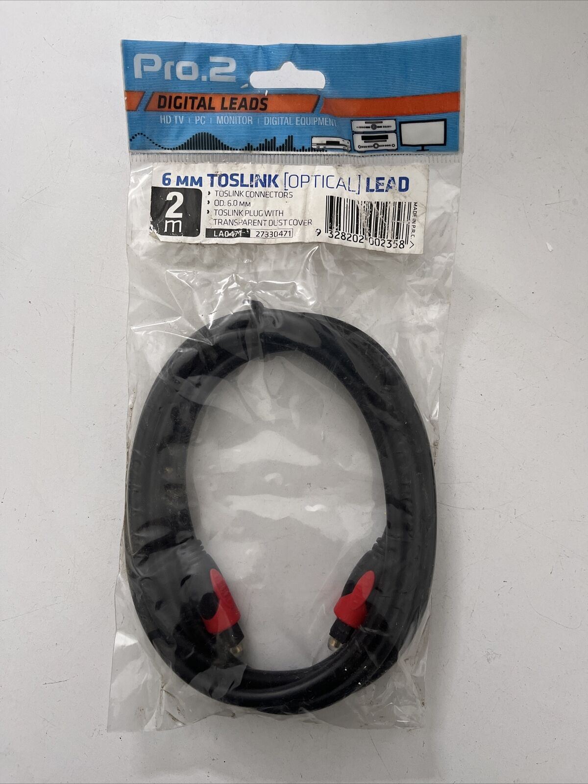 Toslink Optical Fibre Lead Cable 2 metres Pro2 6mm LA0471 for TV & Digital audio