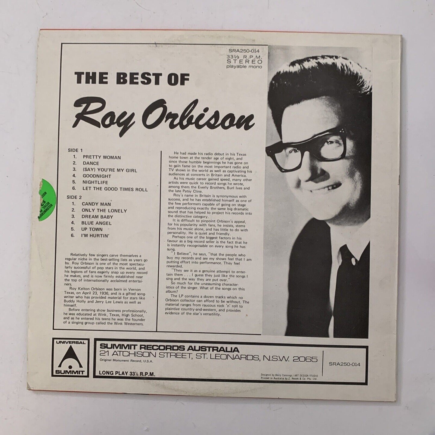 Roy Orbison - The Best of Roy Orbison (vinyl record, 1975)