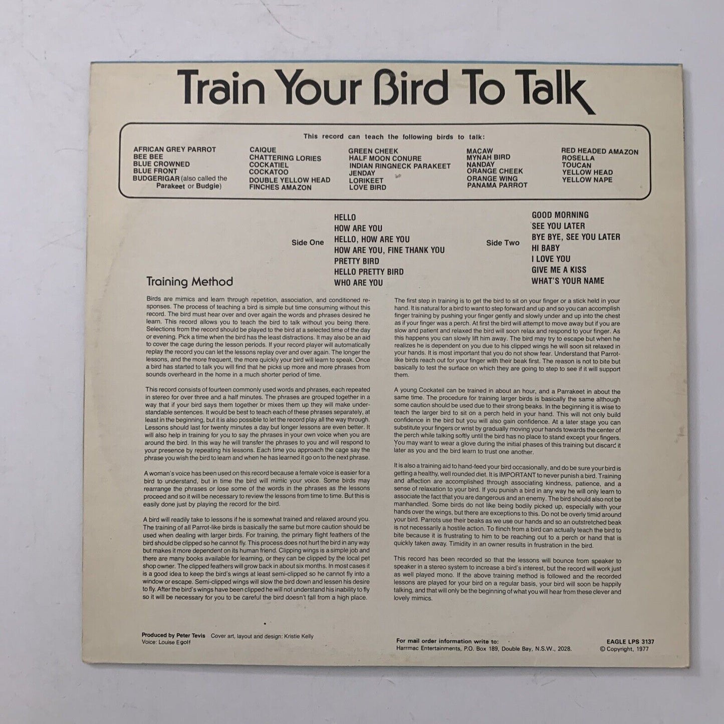 Train Your Bird to Talk Vinyl Record 1977