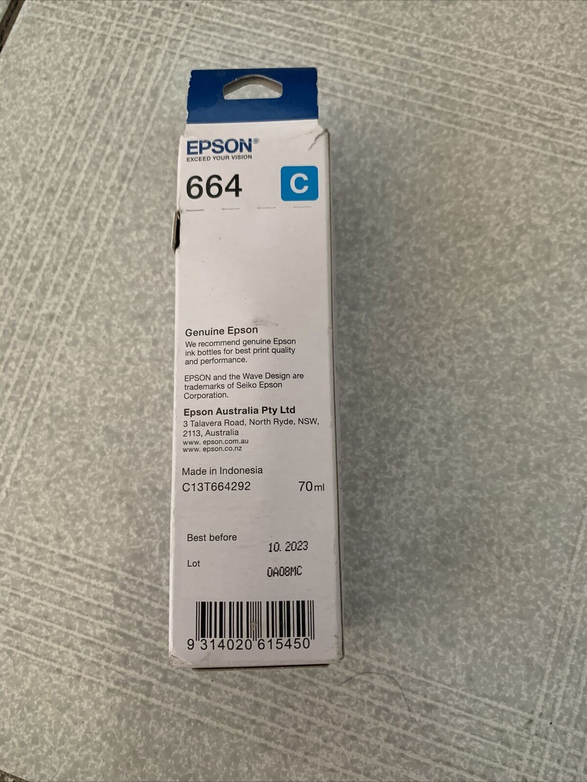 Epson T664 EcoTank Cyan Ink Bottle EPSON ET2500,EPSON ET2550,EPSON ET4500,EPSON