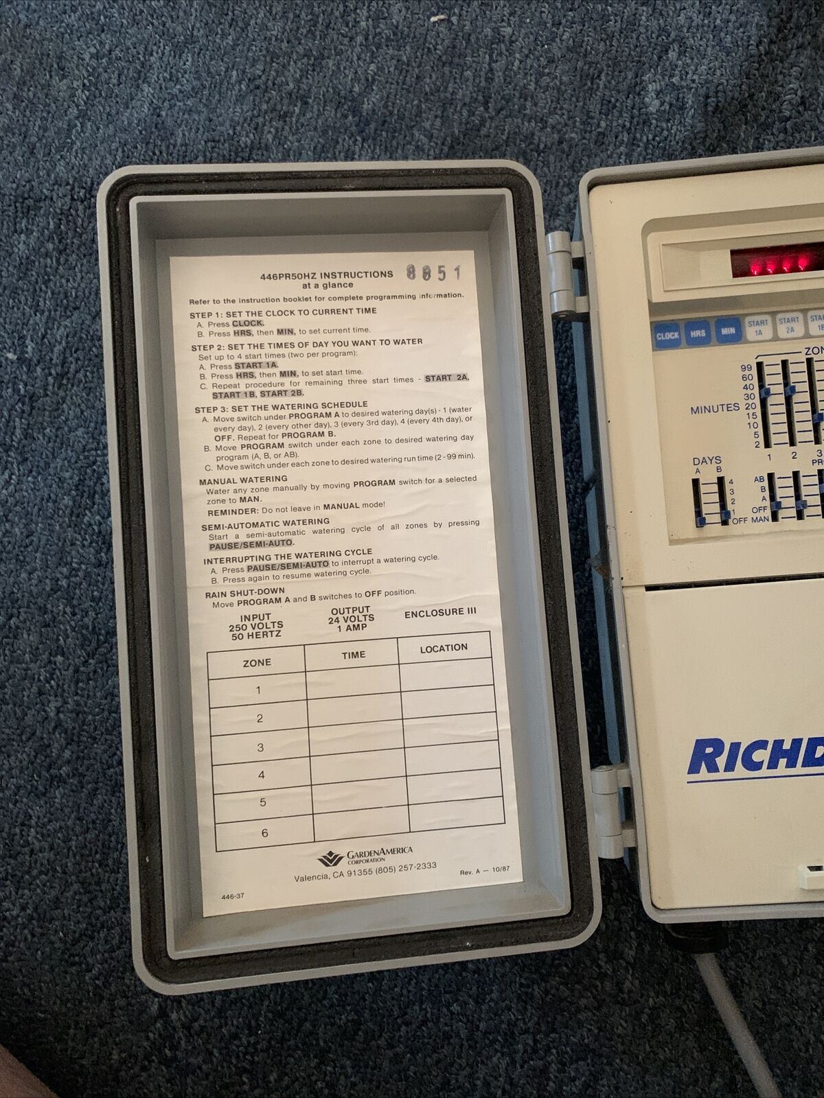 Richdel 446PR50HZ Irrigation Controller - Untested