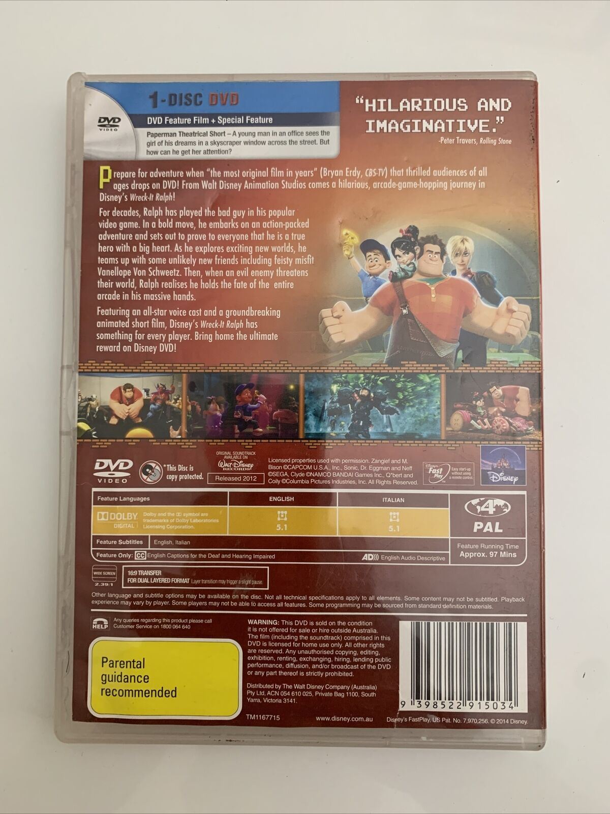 Wreck-It Ralph (DVD, 2012) Disney Animation Film Region 4