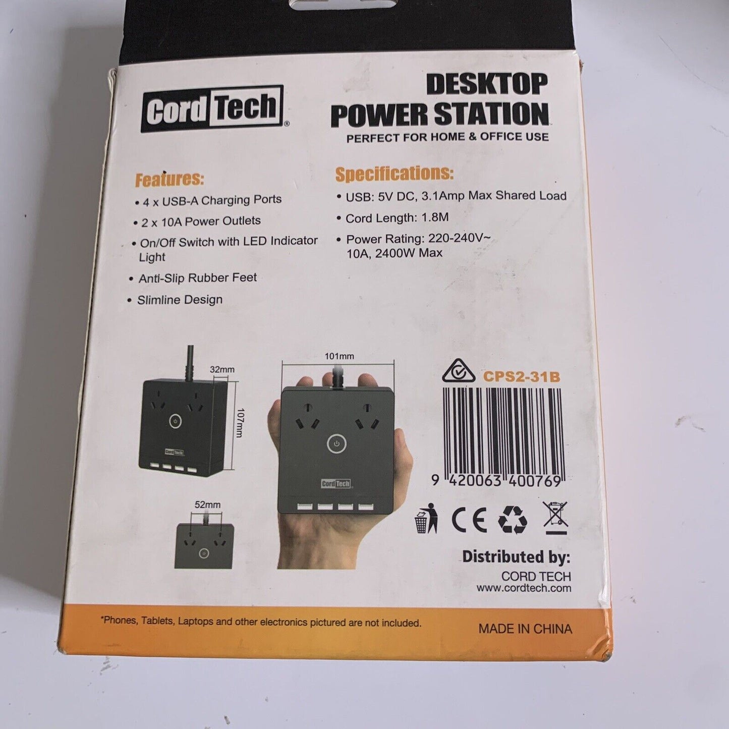 Cordtech Desktop Power Station 2x Power Outlet 4x USB Ports