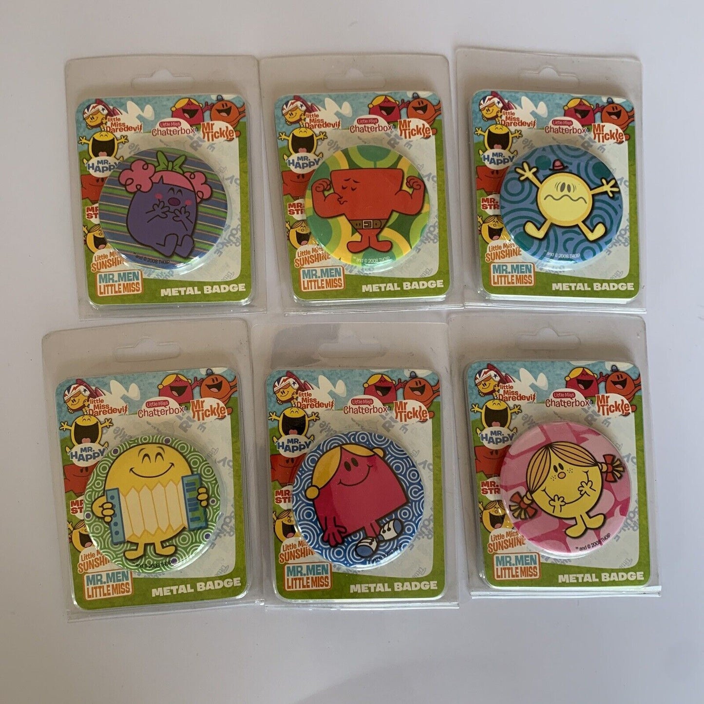 6x Mr.Men Little Miss Metal Badge Pin Strong Happy Naughty Sunshine Chatter NEW