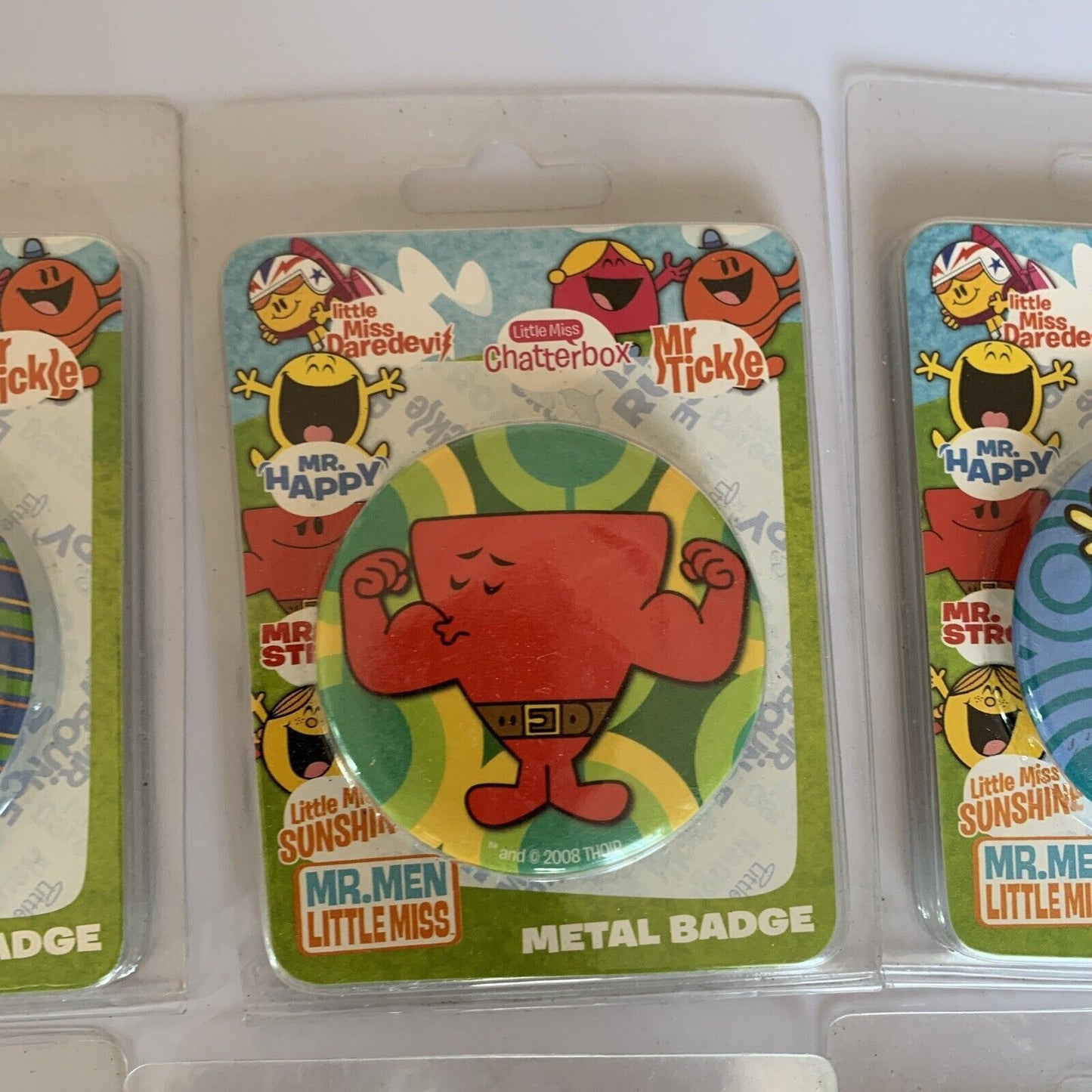 6x Mr.Men Little Miss Metal Badge Pin Strong Happy Naughty Sunshine Chatter NEW