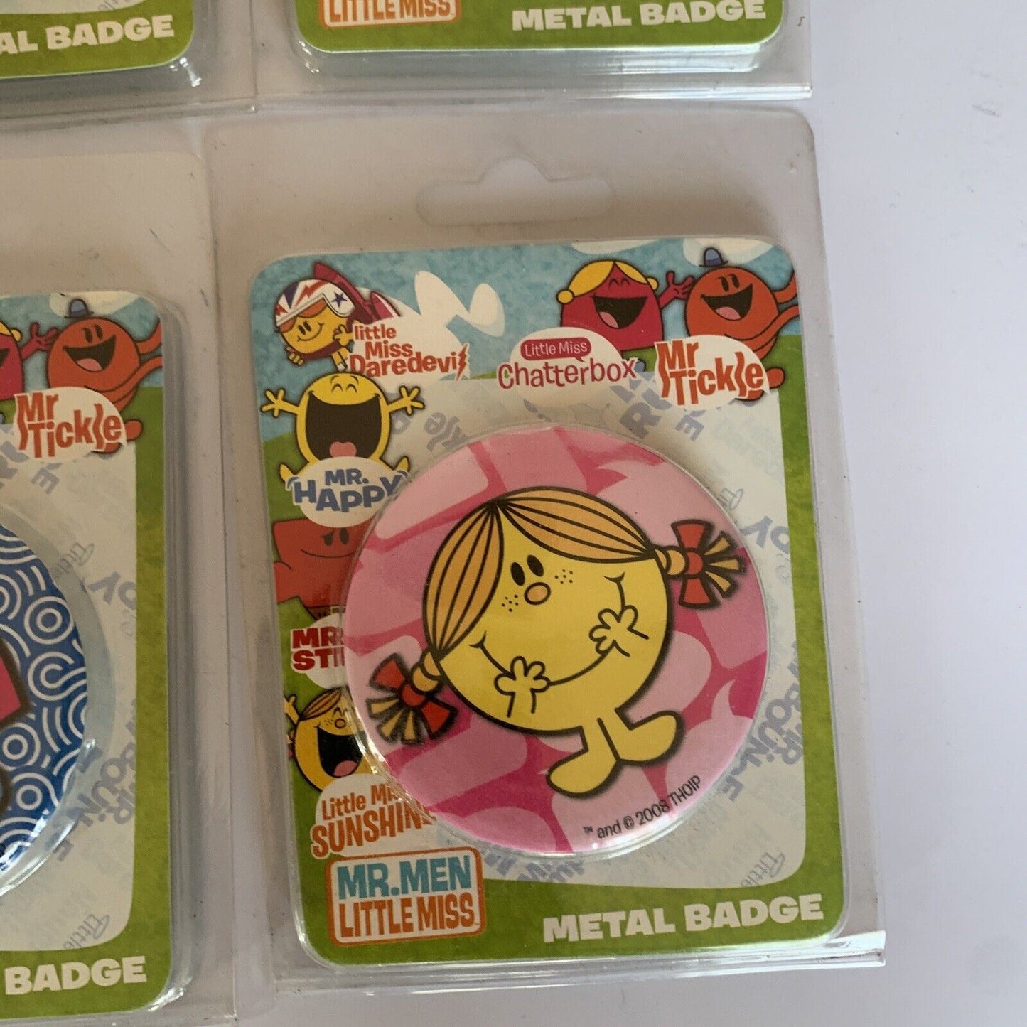 6x Mr.Men Little Miss Metal Badge Pin Strong Happy Naughty Sunshine Chatter NEW