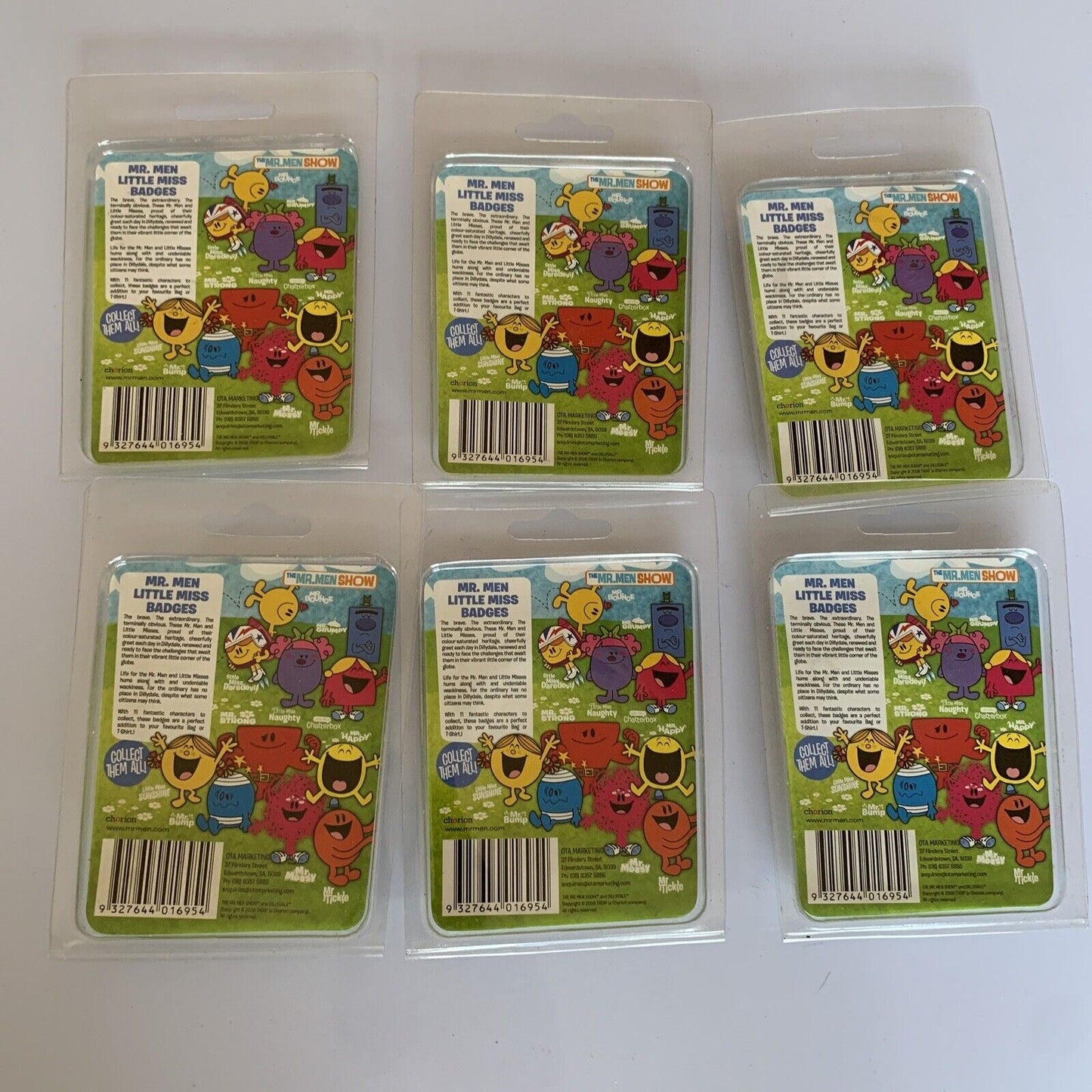6x Mr.Men Little Miss Metal Badge Pin Strong Happy Naughty Sunshine Chatter NEW