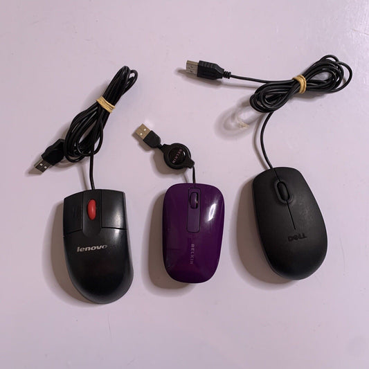 3x Genuine Dell Lenovo Belkin USB Wired Mouse