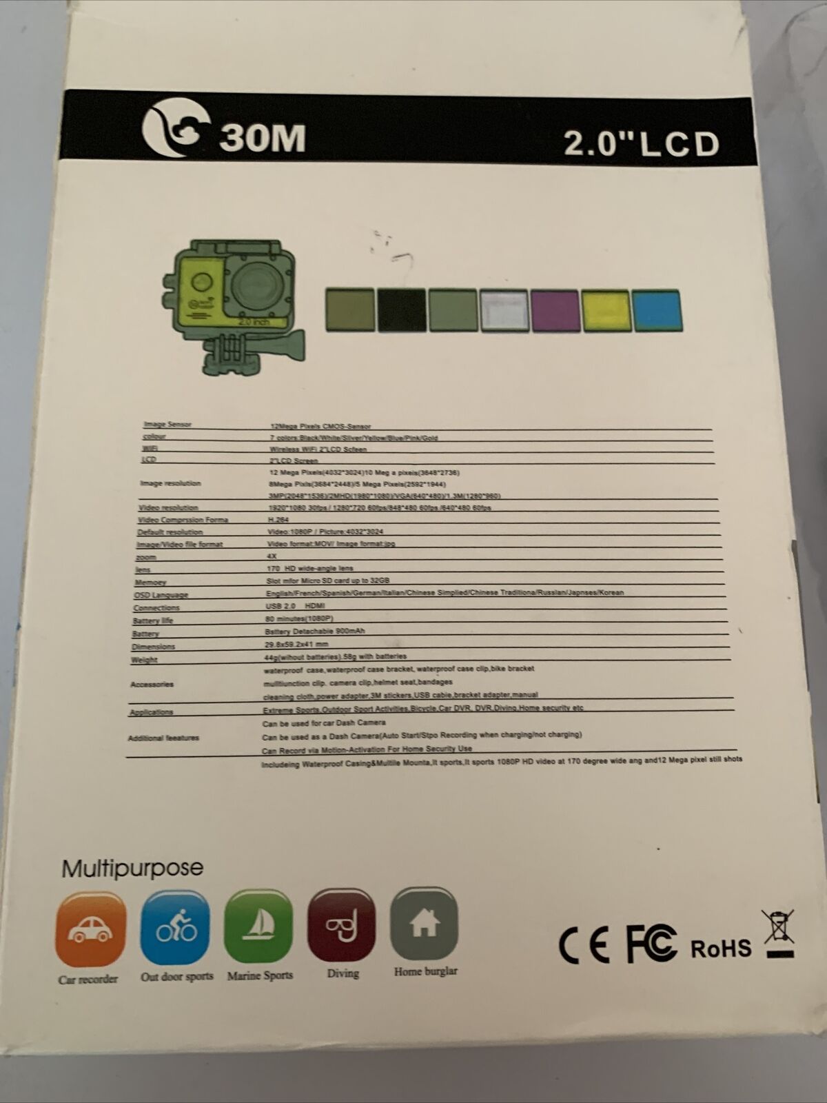 Waterproof Action Cam 12MP Wifi Full HD Case With Case and Brackets