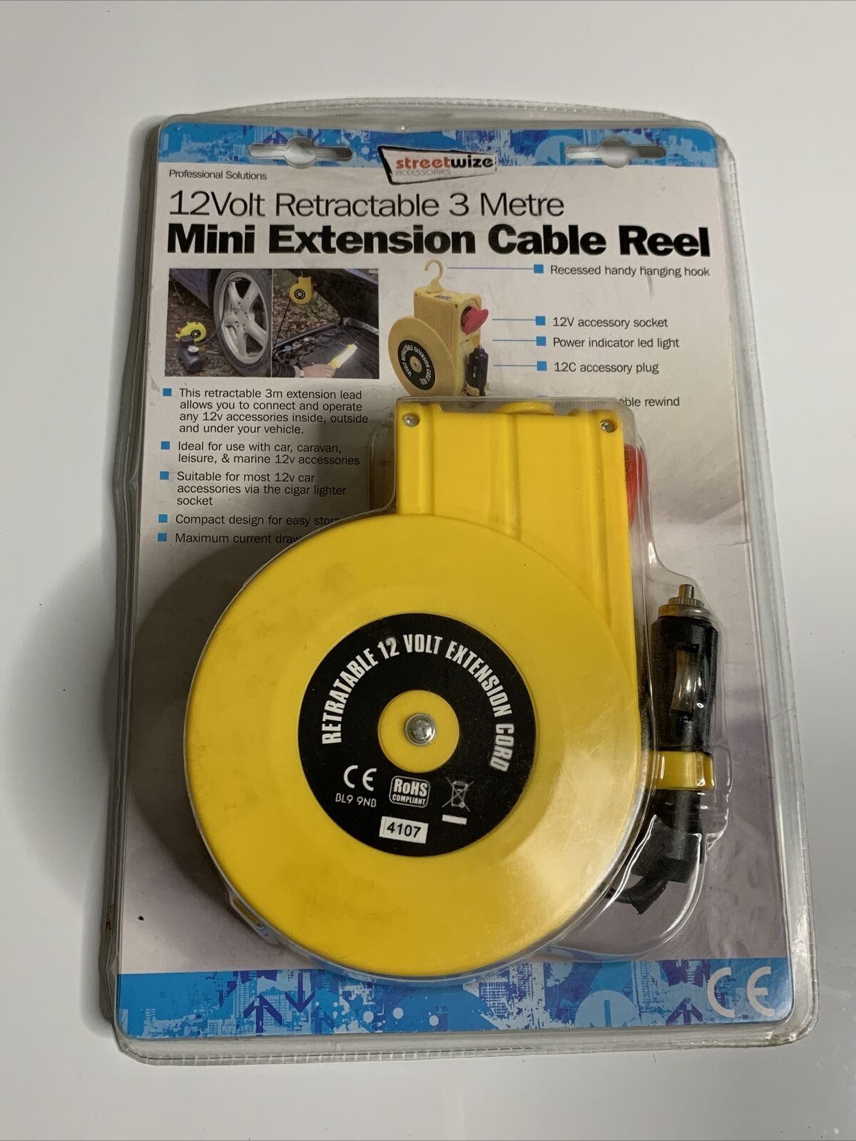 12 Volt Retractable 3 Metre Mini Extension Cable Reel NEW