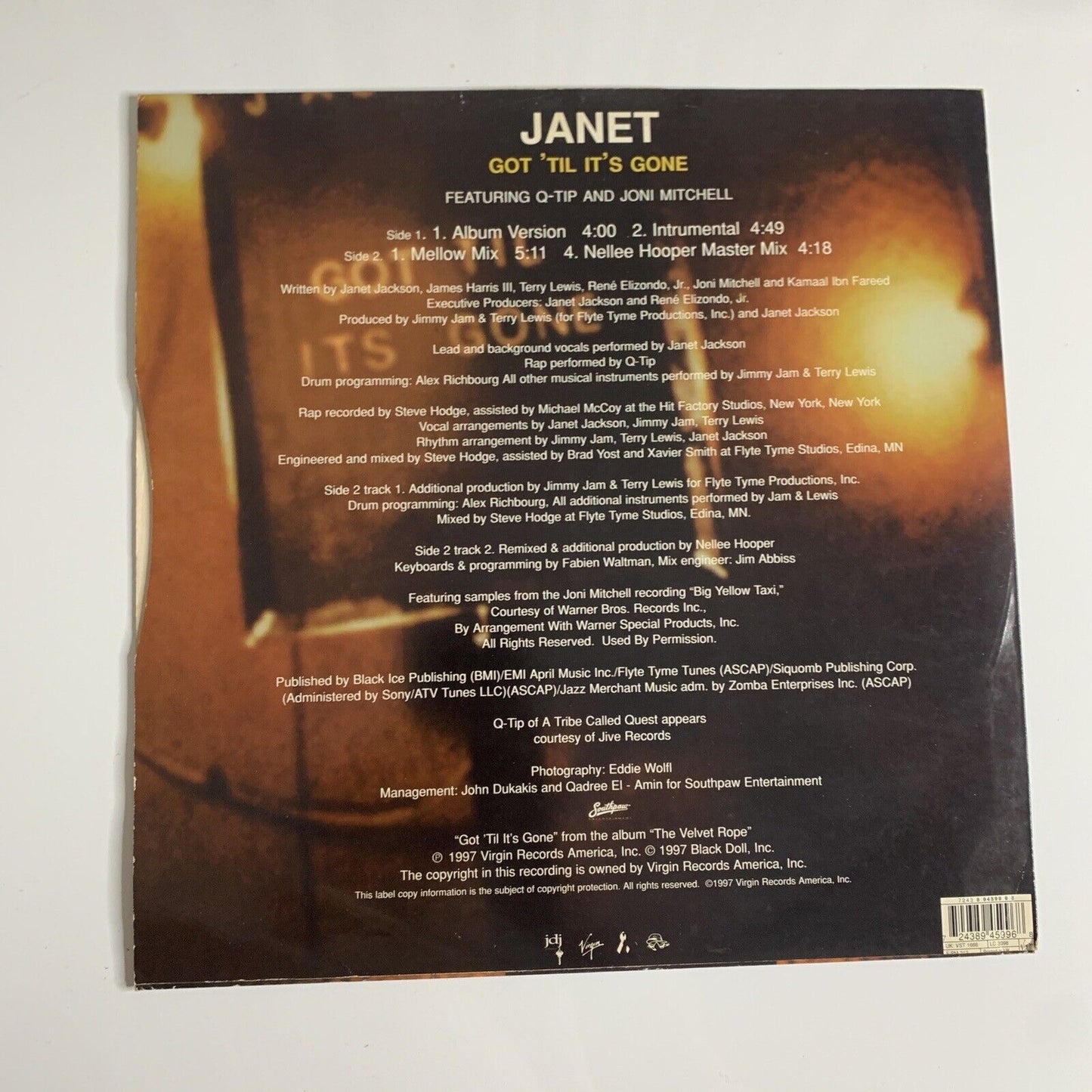 Janet Jackson Featuring Q-Tip And Joni Mitchell – Got 'Til It's Gone 12" Vinyl