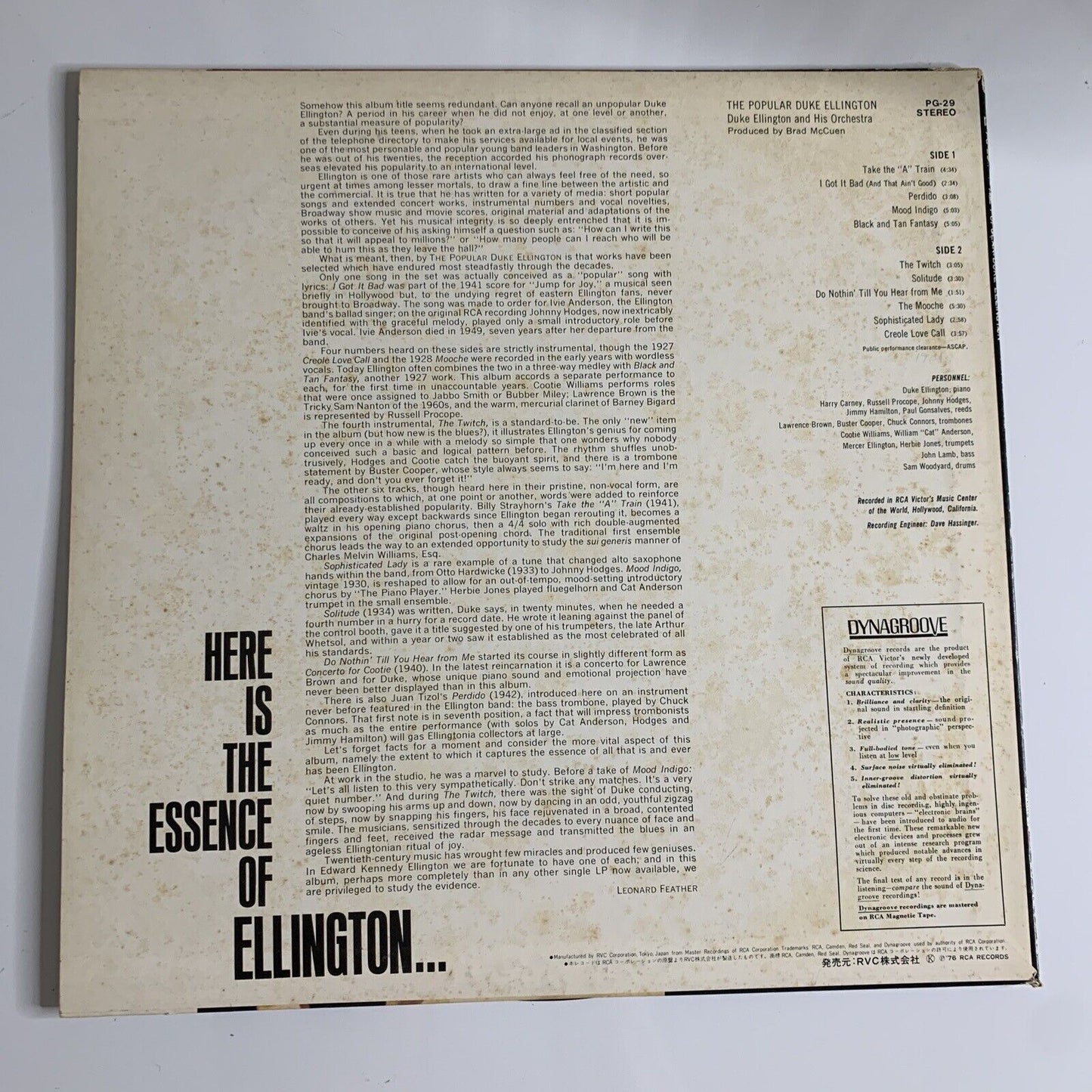 The Popular Duke Ellington LP 1966 Vinyl Record PG-29