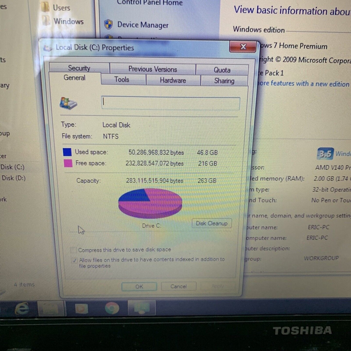Toshiba Satellite Laptop AMD V140 Win 7 DVD 500GB 2gb *No Battery & Case Loose