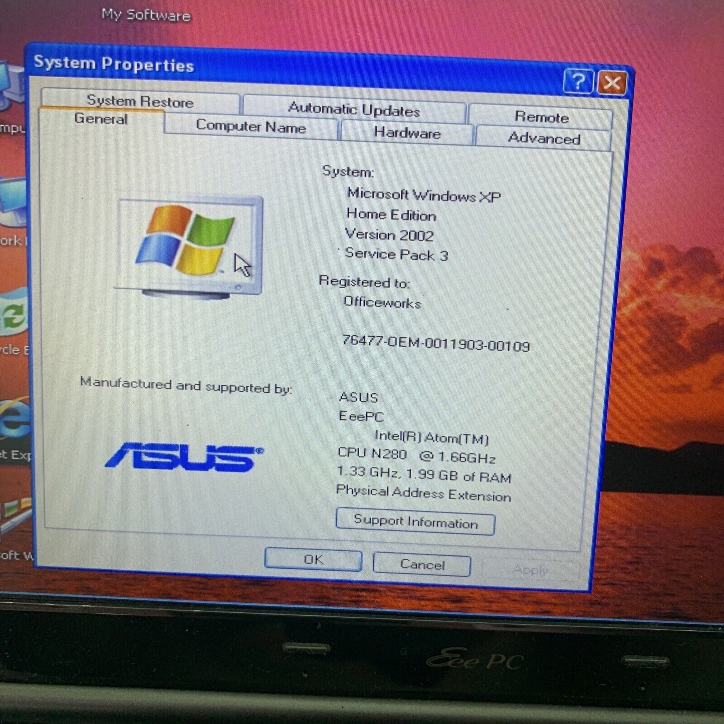 ASUS EeePC Laptop Intel Atom N280 1.66 Ghz 2GB Windows XP 160GB