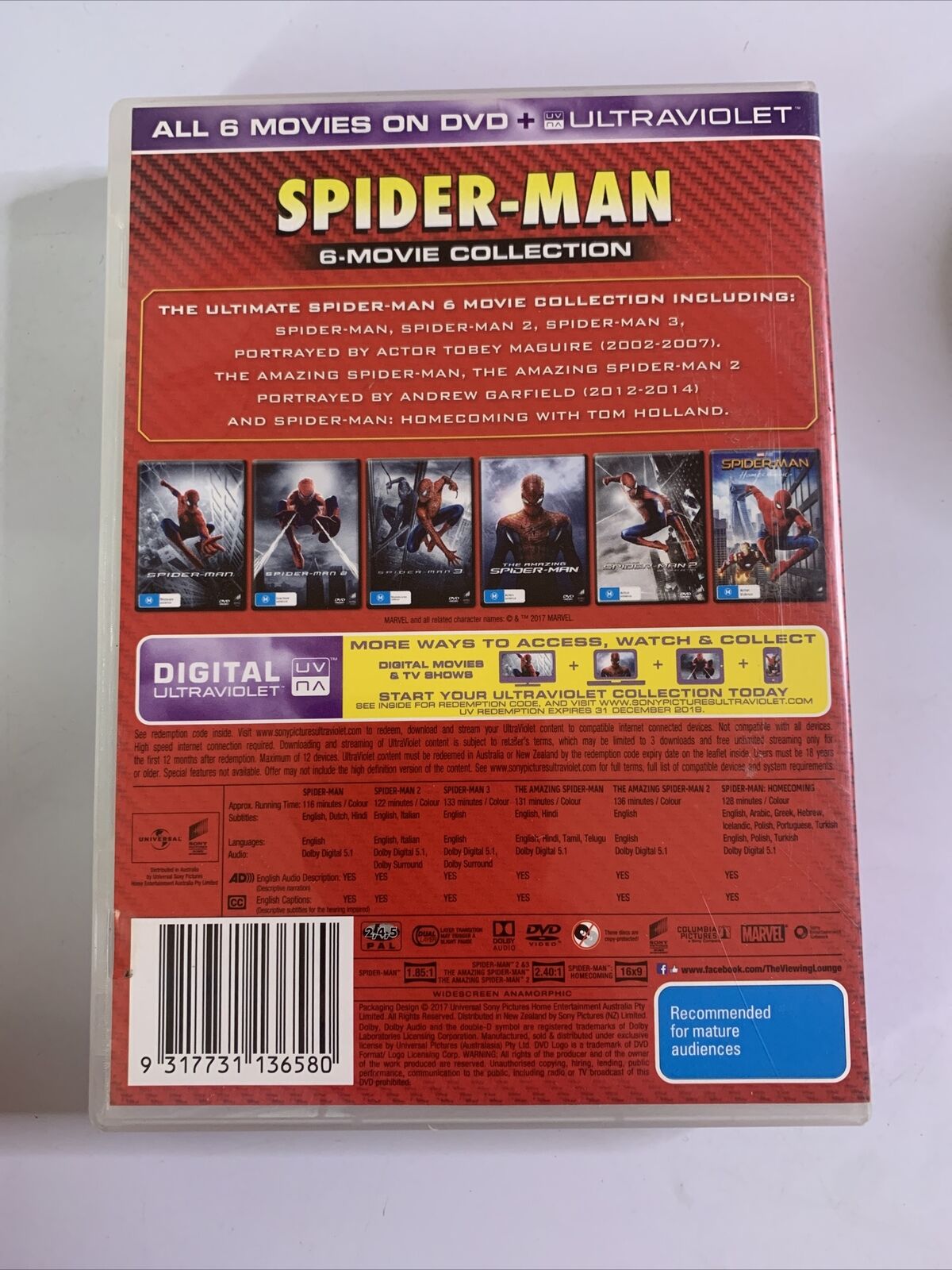 Spider-Man 6 Film Collection  (DVD, 2017, 6-Disc Set) Region 4